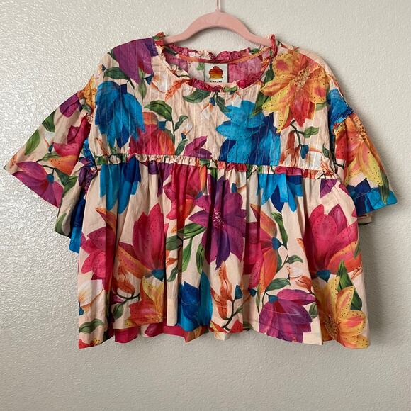 Farm Rio Top Womens Large Pink Orange Marys Garden Floral Tropical Boho Flutter - Picture 4 of 11